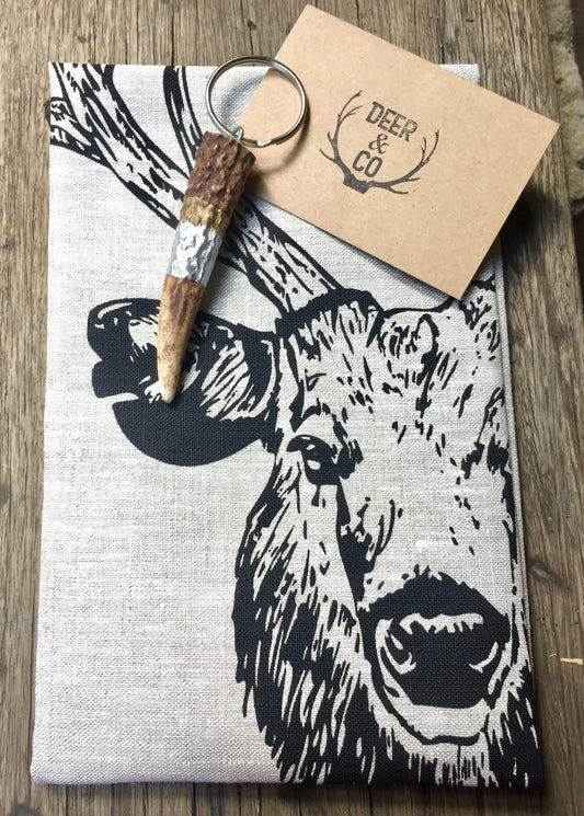 Deer Lover 100% Linen Tea Towel & a Limited Real Antler Key Ring.