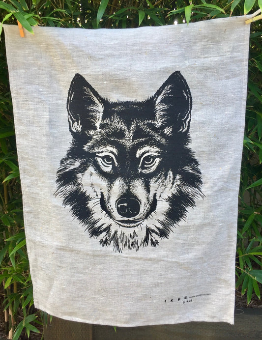 Wolf Lover Tea Towel 100% Linen Plus Free Antler Key Ring